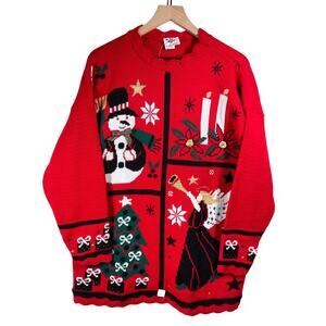 NUTCRACKER Christmas Holiday Sweater Size L Red Embellished Angel Snowman Winter